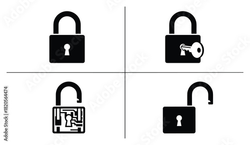 Padlock security stages. Locked, key inserted, digital pattern, open. Unlocking process concept.