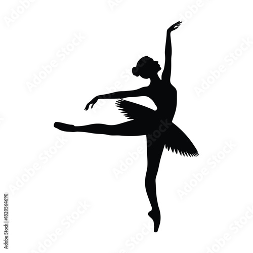 Ballerina silhouette dancing en pointe in a classical ballet pose, elegantly isolated on a clean, showcasing grace and artistic movement