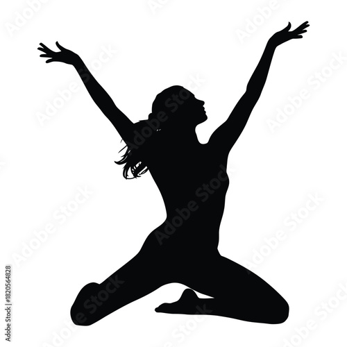 A black silhouette of a woman kneeling with her arms raised upwards, expressing feelings of triumph, praise, or spiritual connection, isolated on