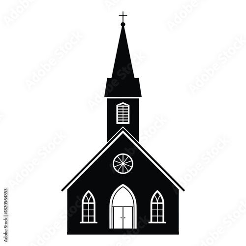 Black silhouette of a traditional church with a tall steeple and cross, featuring arched windows and main entrance, isolated on