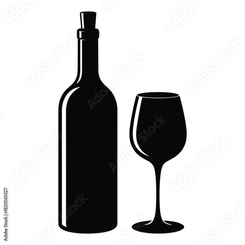 Black silhouette of a wine bottle with a cork and an empty wine glass, representing elegance, celebration, and alcoholic beverages, isolated on