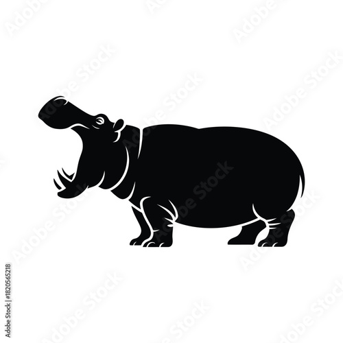 Black silhouette of a powerful hippopotamus with its mouth wide open, showcasing its formidable presence, isolated on