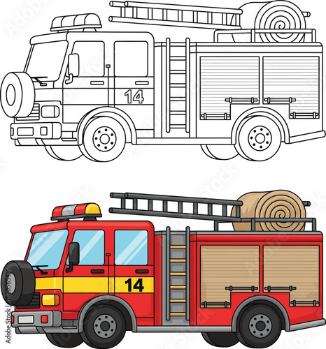 Vibrant red cartoon fire truck illustration alongside its black and white line art coloring page version.