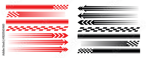Red and black racing stripes set. Car sticker decals, sport graphic design elements with arrows.