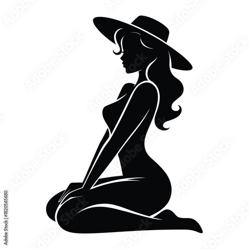 Silhouette of a graceful woman kneeling in a stylish widebrimmed hat, exuding elegance and mystery, isolated on