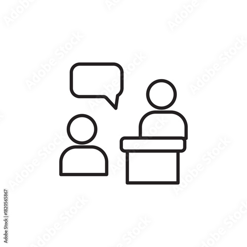 Simple line icon showing two people talking, symbolizing mentorship, guidance, coaching, and communication. Perfect for business training, support services, teamwork concepts, and learning visuals.