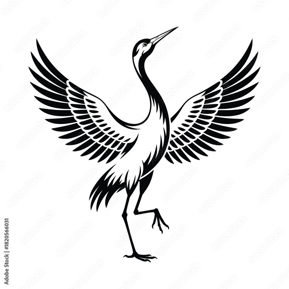 Naklejka premium Graceful black and white crane with spread wings, standing on one leg, symbolizing elegance, freedom, and balance, isolated on