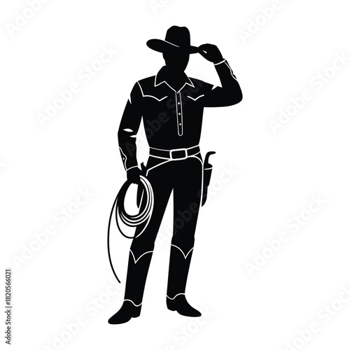 Silhouette of a classic cowboy tipping his hat while holding a lasso and wearing a holster, embodying the spirit of the wild west, isolated on