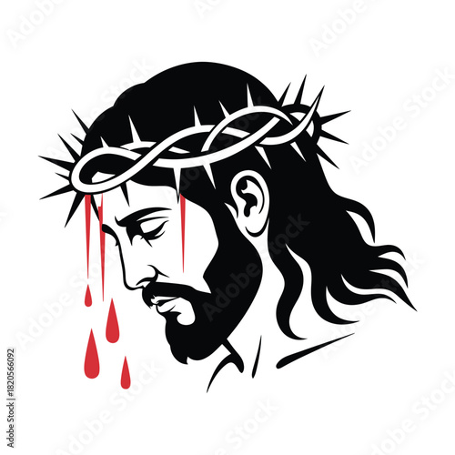 Jesus christ head with crown of thorns and dripping blood, a powerful religious symbol of sacrifice and suffering, isolated on