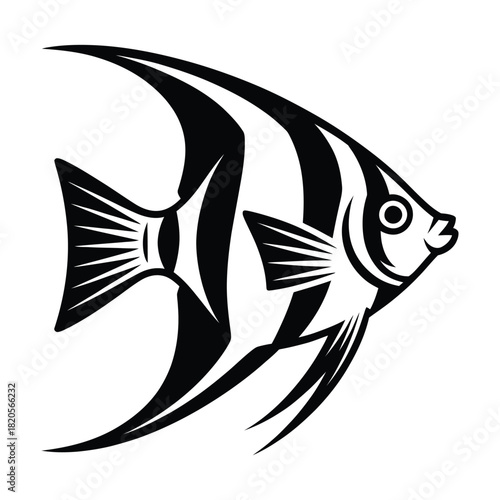 Black and white angelfish illustration, a tropical freshwater fish with distinctive striped patterns and long fins, isolated on