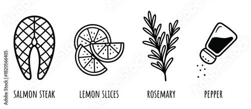 Seafood ingredients, salmon steak, lemon slices, rosemary, and pepper for healthy cooking.