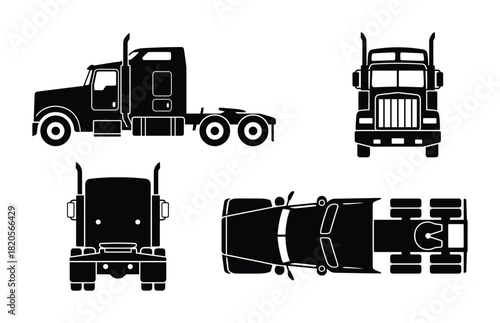 Semi truck silhouette icons, black truck, commercial vehicle, heavy transport, freight, logistics, cargo.
