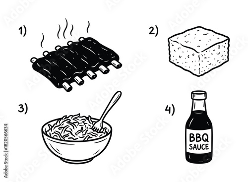 Set of barbecue meal elements. Hot ribs cornbread coleslaw and BBQ sauce bottle food.