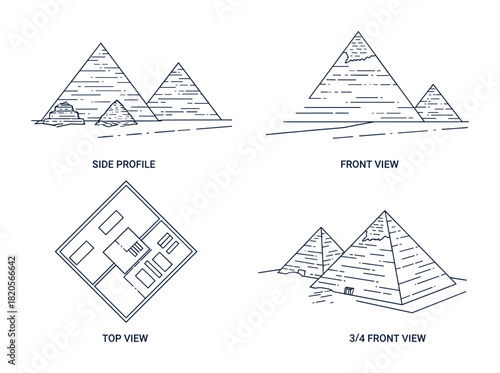 Set of egyptian pyramids architectural blueprints in various views. Outline vector illustration.