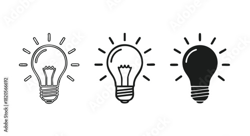 Idea lightbulb icons set outline, linear, solid; creativity concept.