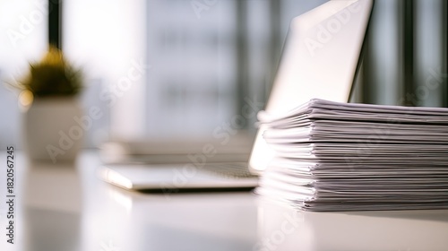 Stack of papers and laptop on a desk with a potted plant.