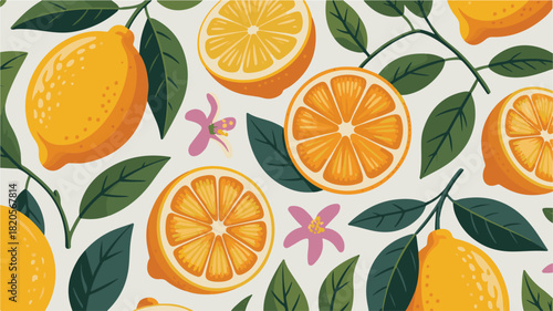Lemon Citrus Fruit Pattern With Leaves And Flowers