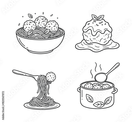 Spaghetti with meatballs in bowl, single meatball, fork with spaghetti, pot of meatballs line art