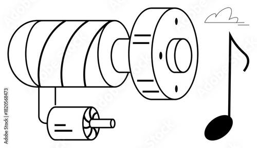 Rotating machine parts with detailed design aligned with a musical note and a small cloud. Ideal for innovation, engineering, creativity, science, music, synergy, concepts. Simple flat metaphor