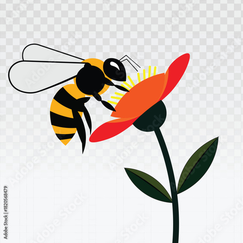 Stylized honey bee or wasp pollinating a red and yellow flower on a transparent background. Ideal graphic for nature, ecology, pollination, beekeeping, and organic food design.
