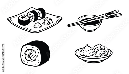 Sushi rolls on a plate with ginger, wasabi, chopsticks, soy sauce, and single maki pieces.