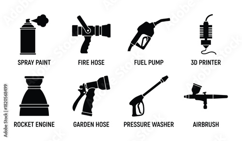 Tool and device silhouette set, industrial equipment, spray tools, engines, hoses, technology icons.