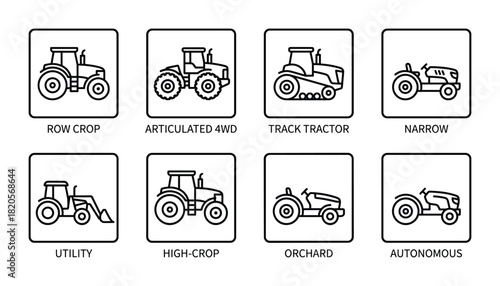 Tractor type line icons, row crop, articulated 4WD, track, narrow, utility, high-crop, orchard, autonomous