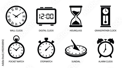Variety of clocks and timers like wall, digital, hourglass, grandfather, pocket, stopwatch, sundial, alarm
