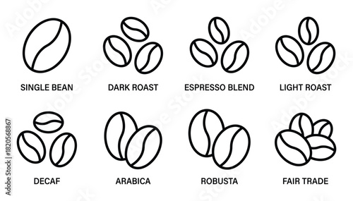 Various coffee beans collection; different roasts and types; aromatic beverage ingredients; cafe graphic elements
