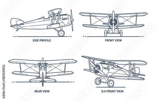 Vintage biplane views. Aircraft blueprint. Airplane design. Aviation technical drawing.