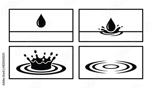 Water droplet impact sequence: falling drop, initial splash, crown splash, and expanding ripples.