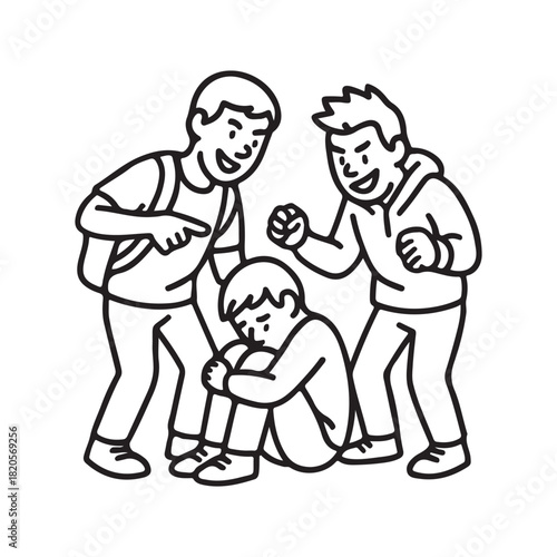 Stop bullying now conceptual illustration, sad vulnerable child surrounded by taunting bullies, promote anti bullying campaigns, empower youth, protect children