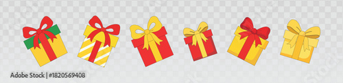 Colorful floating gift boxes in yellow, red, and green with ribbons and bows on a transparent background, perfect for holiday themes, celebrations, birthdays, promotions, party graphics, and festive 
