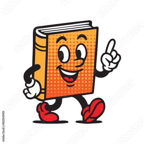 Adorable book character walking happily and pointing upwards, perfect for educational materials or children's stories, bringing fun and excitement to learning