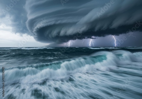 Fototapeta Naklejka Na Ścianę i Meble -  Violent typhoon forming over the Pacific Ocean, chaotic ocean surface, wind and spray everywhere