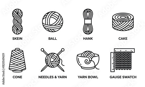 Yarn types skein ball hank cake cone and knitting needles and yarn bowl gauge swatch