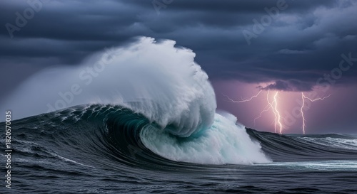 Fototapeta Naklejka Na Ścianę i Meble -  Powerful storm waves crash against the cold blue coast under a dark, cloudy sky