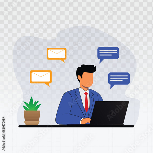 Professional man in a suit working on a laptop with floating email and chat bubbles, representing business communication, remote work, online support, digital messaging, and productivity.