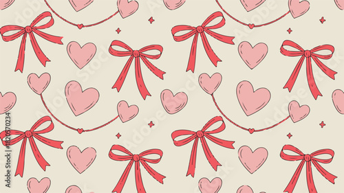 Seamless Pattern of Pink Hearts and Red Bows on Beige Background