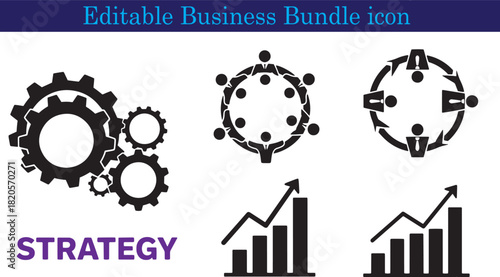 Business Strategy and Growth Icons Representing Teamwork Collaboration and Financial Success depicting interconnected gears circle of people and rising graph for business plans