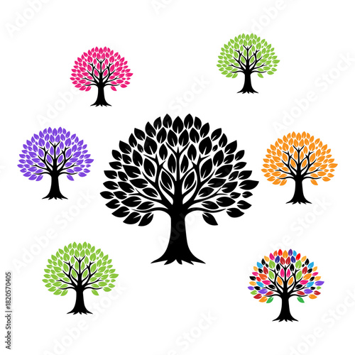 Collection of stylized trees in various colors and sizes
