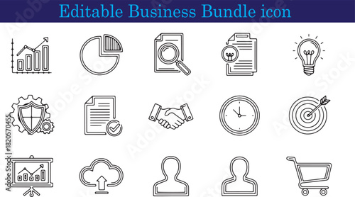 Collection of Editable Business Bundle Icons for Presentations and Infographics Including Growth Charts Security and Data Analysis Concepts