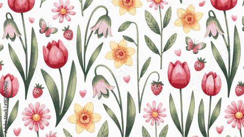 Seamless Pattern of Spring Flowers, Strawberries, and Butterflies