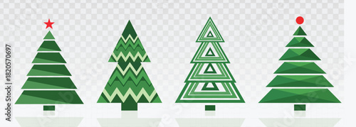 Set of four stylized green Christmas trees featuring abstract geometric shapes, with star and sphere toppers. Ideal for winter holidays, greeting cards, festive branding, and seasonal digital design.
