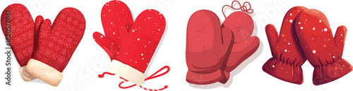 Pair red winter mitten set isolated on white backdrop. Vector illustration