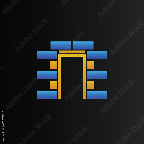 Abstract geometric doorway or archway made of blue and gold rectangular blocks on a dark black background