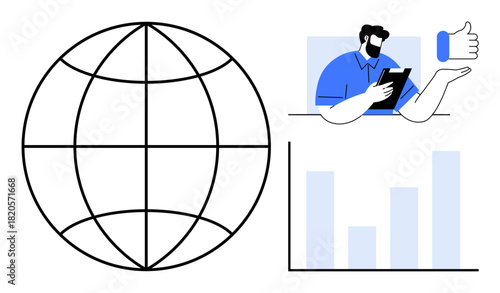 Globe, person holding tablet with approving gesture, bar chart symbolizing global communication, data, social media engagement, analytics, remote work, innovation, simple flat metaphor