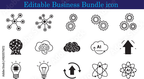 Diverse Business Icon Set Representing Connectivity Intelligence Innovation and Growth for Modern Designs and Presentations Editable Vector Elements