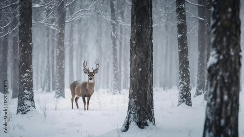 A majestic deer stands in a snowy, snow-covered forest surrounded by tall trees