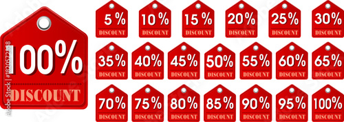 Bold red discount tags vector bundle set featuring percentages from 5% to 100%. Ideal for sales promotions, e-commerce banners, product labels, marketing materials. 
